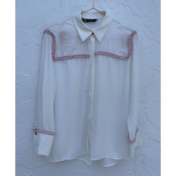 Zara Womens Long Sleeve Button Down See-Through Textured Shirt White Sz S - Picture 1 of 11